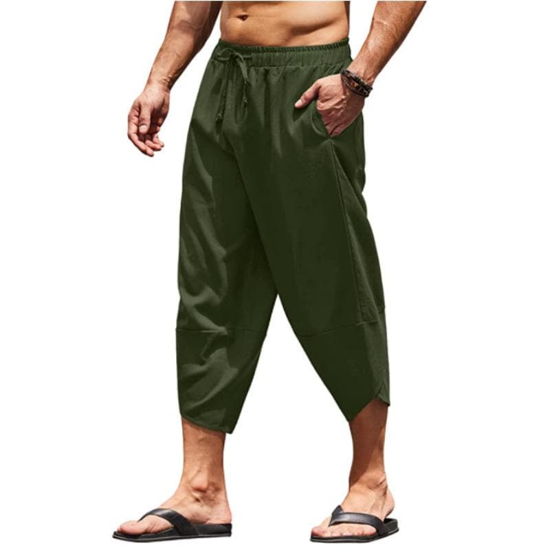 Mens Cotton Linen Shorts 3/4 Loose Fit Bermuda Pants Short Summer Long Casual L army green