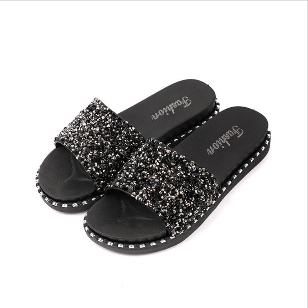 Fashion Sequined European and American Casual Sandals and Slippers Women 2020 Summer Wear Flat-bottom Flip-flop Beach Shoes Sandals 40 black