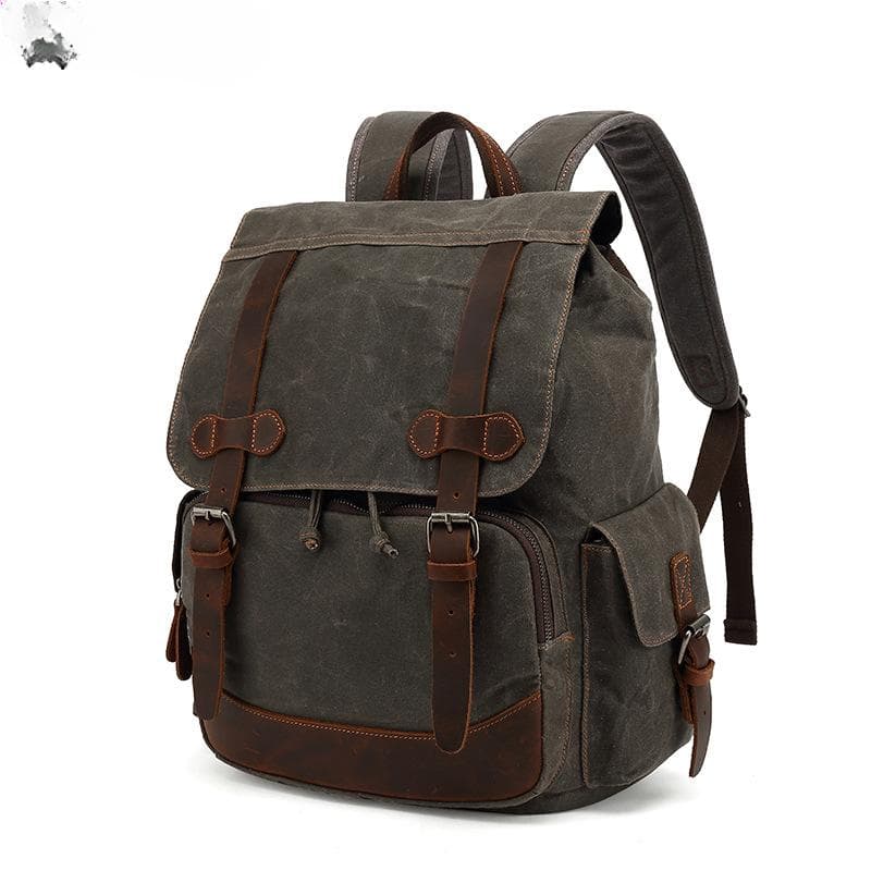 Schoolbag College Travel Backpack Men's Vintage Travel Bag with Crazy Horse Skin Watertight Oil Wax Canvas gray