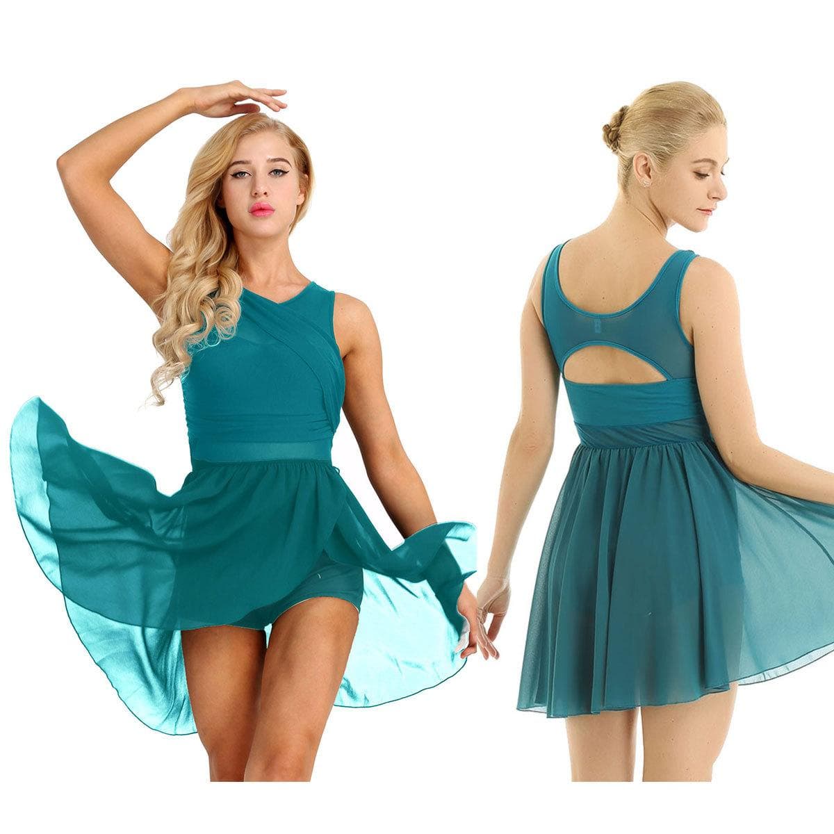 Women Ballet Tutu Gymnastics Leotard Dress Sleeveless Asymmetrical Lyrical Dance Costumes Stretchy Dance Dress XS green