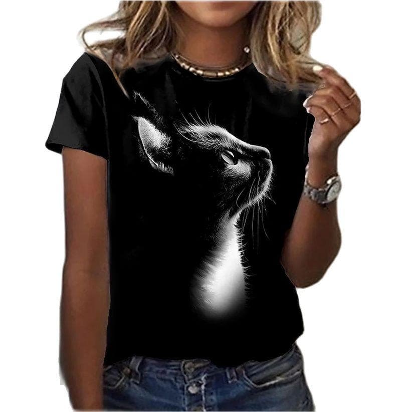 Women's T Shirt Fashion Blouse Short Sleeve T Shirt For Women 3d Cat Print Black Kawaii T Shirt Women's Oversized Summer Top M
