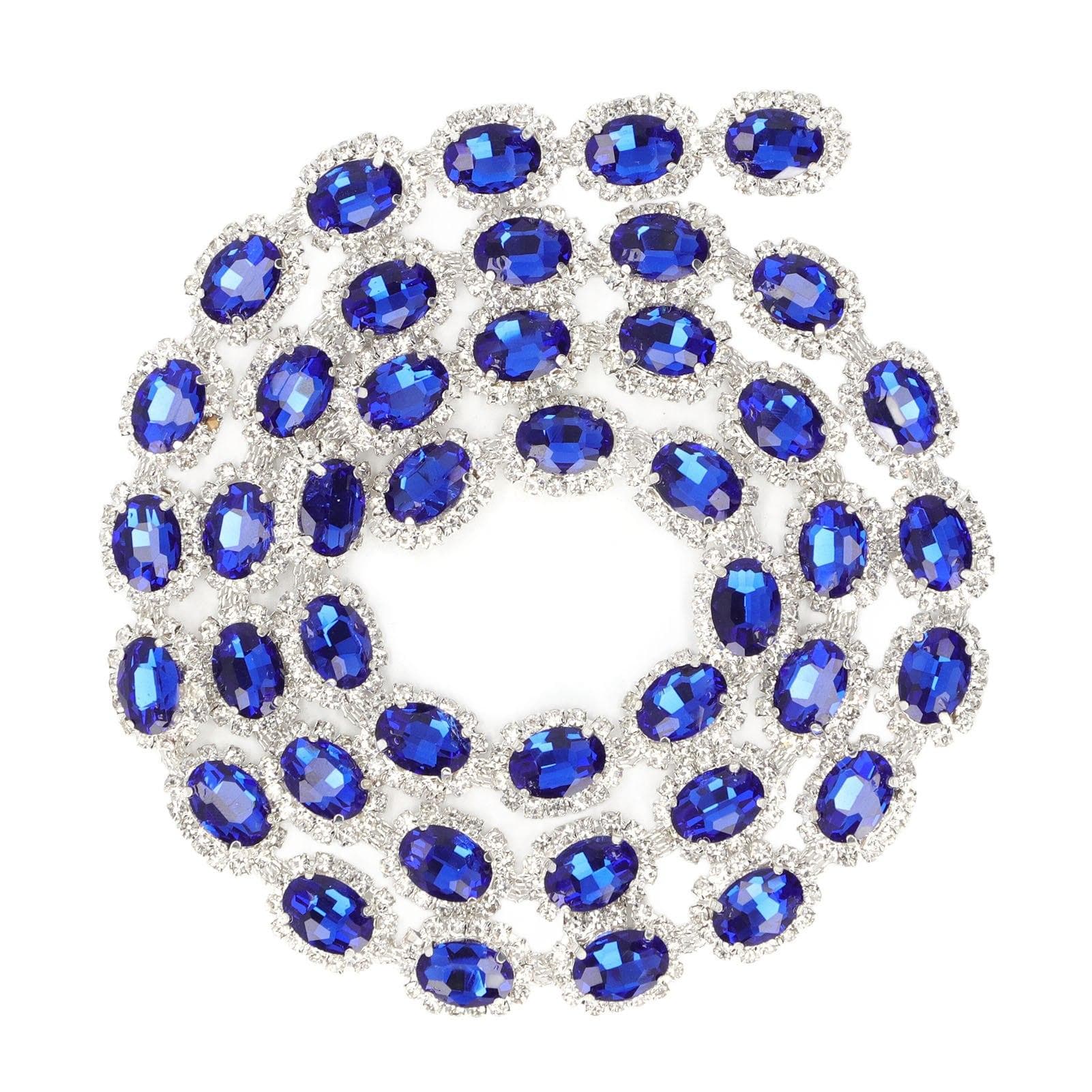 Rhinestone Ribbon Tassel Chain 1 Yard Blue 1.5cm Width Oval Shape Shiny Rhinestone Fringe for
