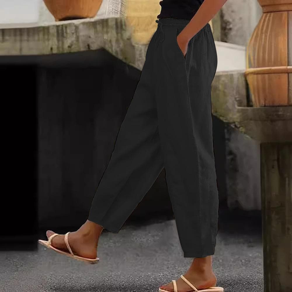 Women's Cotton Linen Trouser Solid Color Elasticated Waist Trousers Casual Straight Leg Bottoms with Pockets 3XL black