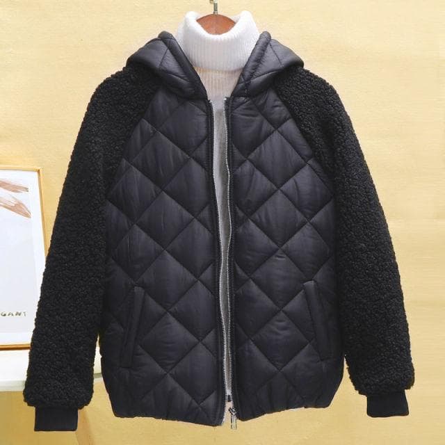 Thin Light Down Cotton Jacket Female Short Coat Autumn Winter Women's 2021 Hooded Loose Imitation Lamb Wool Cotton Jacket XXXXL black