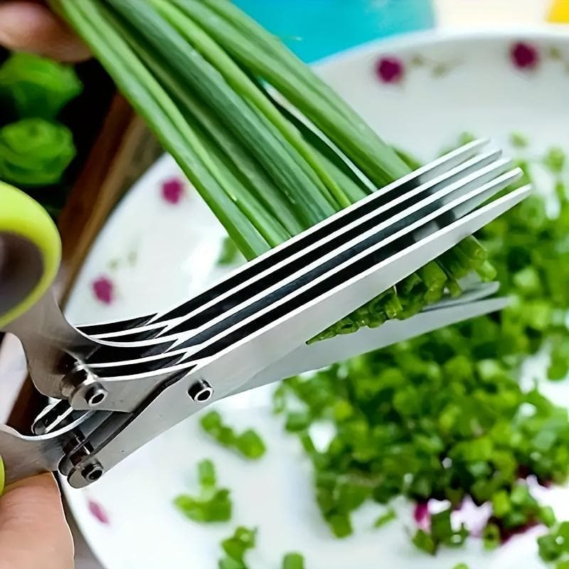 5-Ply Stainless Steel Kitchen Scissors - Multi-Purpose Herb & Onion Chopper with Safety Lid for Grilling & Indoor Use green