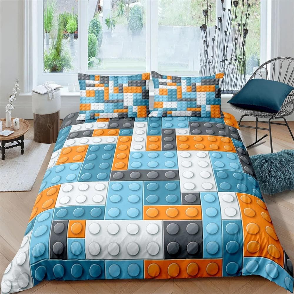 Colorful Blocks Duvet Cover King/Queen Size,Building Toy Bedding Set Kids Boys Girls Orange Blue Fun Brick Polyester Quilt Cover 135X200cm-2pcs