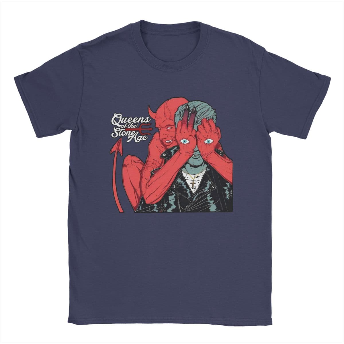 Men Queens Of The Stone Age Band T Shirts Cotton Clothes Vintage Short Sleeve O Neck Tee Shirt Plus Size T-Shirts S navy blue