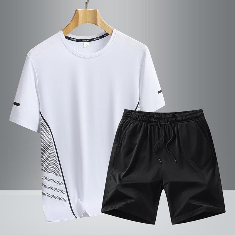 Quick Drying Short Sleeved Men's Summer Ice Silk Half Sleeved Loose and Breathable Fitness Running Set, Quick Drying Two-piece Set L