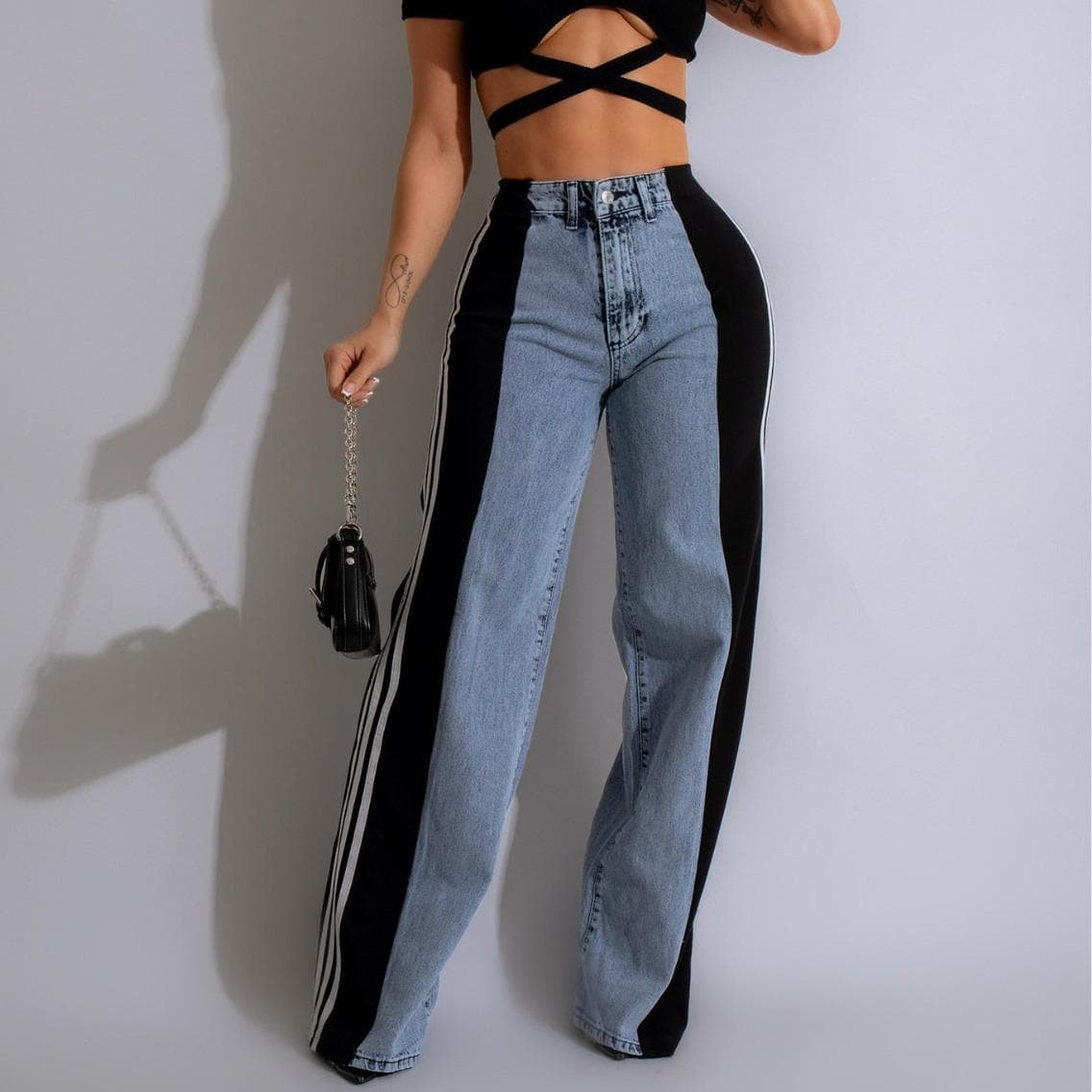 High Waisted Denim Women's Drawstring Elastic Waist, Loose Elastic Denim Straight Leg Pants M black