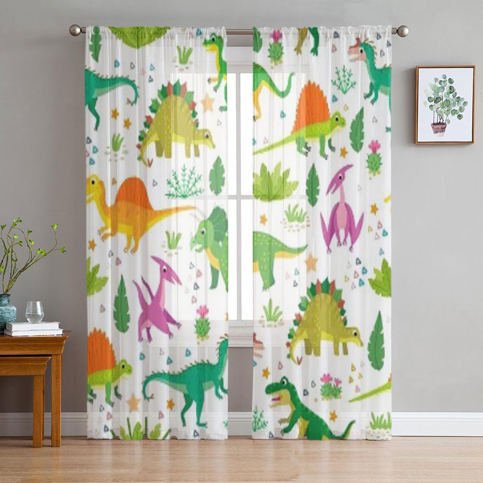 Childish Dinosaurs Tropical Leaves Tulle Sheer Curtains for Living Room Bedroom Kitchen Decoration Voile Organza Curtains 135W x 114H(cm)