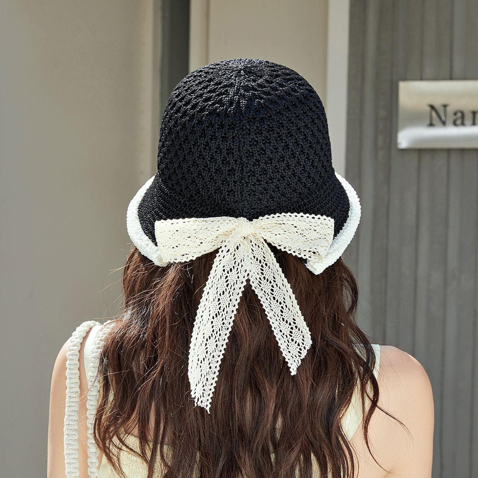 Summer Hollow Sun Hat Korean Version Fashion Bow Lace Bucket Hat New Fisherman Sunscreen Outdoor Beach Sun Hat Travel Panama Cap M 56-58cm black