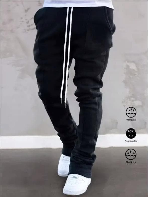 Men's Slim Fit Bell-Bottom Sports Pants with Drawstring Waist M black