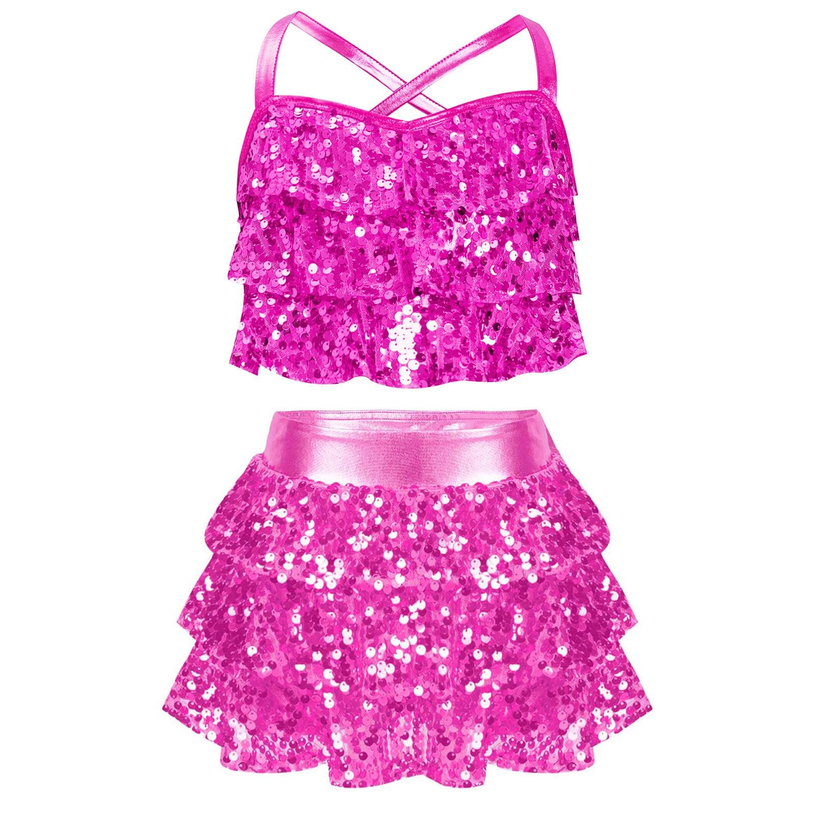 Girls Jazz Dance Outfit Glittery Tiered Ruffle Crop Top Metallic Culottes for Stage Performances 7-8 Years hot pink