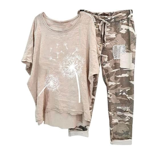 2 Pcs/Set Women Top Pants Set Round Neck Flower Camouflage Print Irregular Hem Short Sleeves M