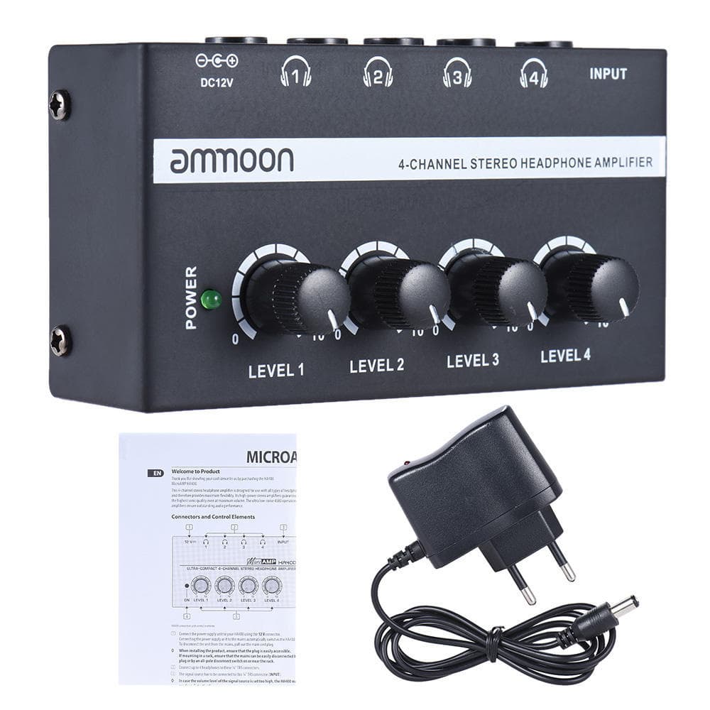 Ammoon HA400 Ultra-compact 4 Channels Mini Audio Stereo Headphone Amplifier with Power Adapter EU Plug