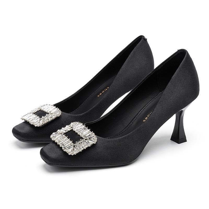 Square Toe Stiletto Rhinestone Square Buckle Shoes Women's Korean-Style Shallow Mouth Silk and Satin Shoes Solid Color Commute High Heels 40 black