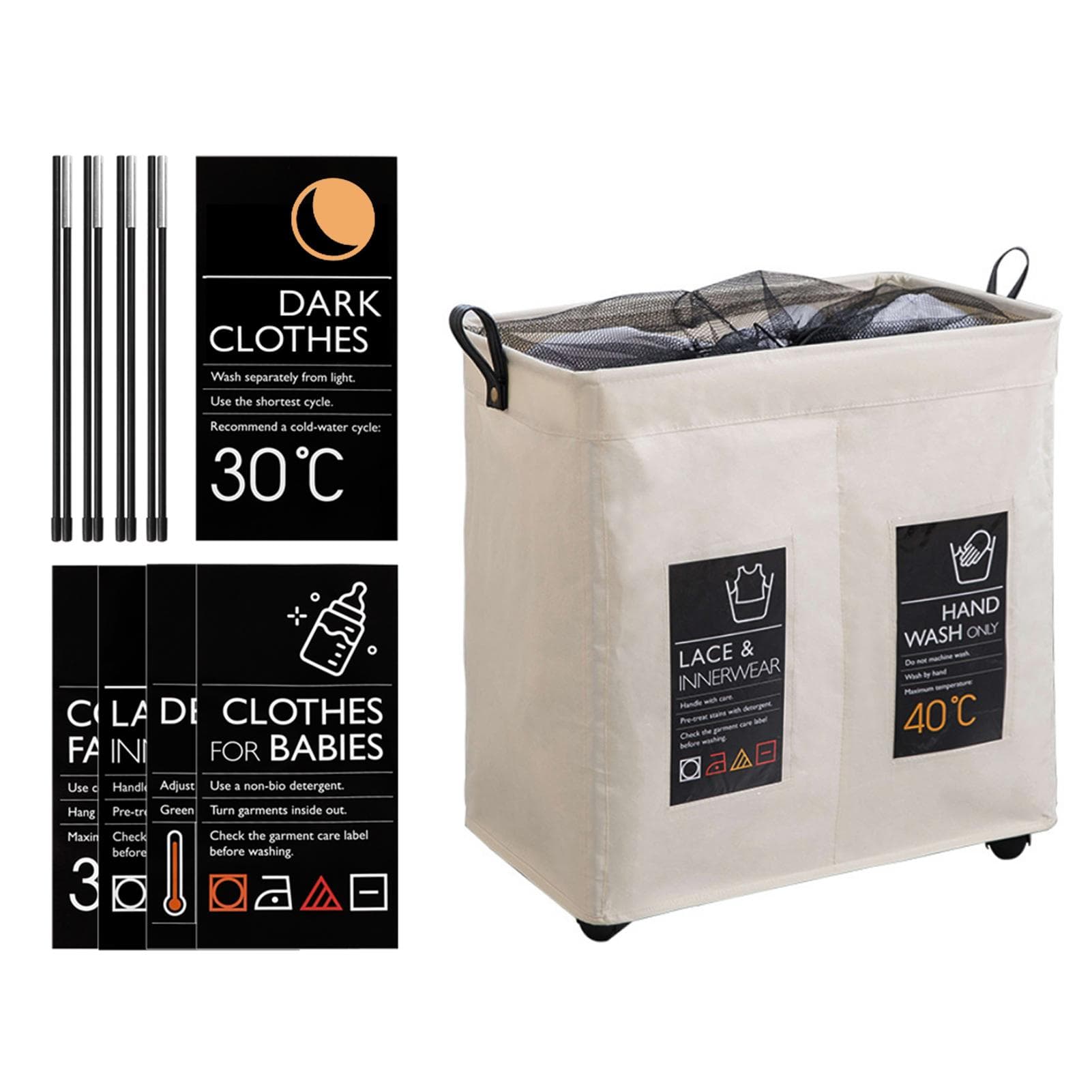 Rolling Slim Laundry Basket 2 Compartments with Universal Wheels and Handle Foldable Oxford Cloth beige