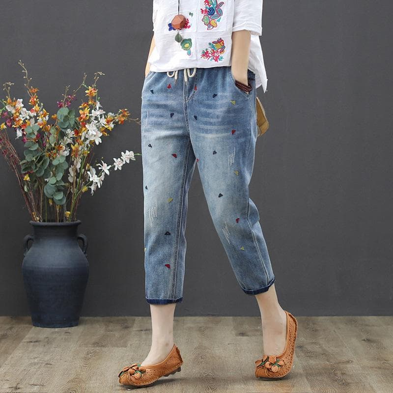 Fashion Summer Ladies Ripped Loose Jeans Womens Leisure Embroidery Denim Trousers Vintage Females Elastic Harem Pants S