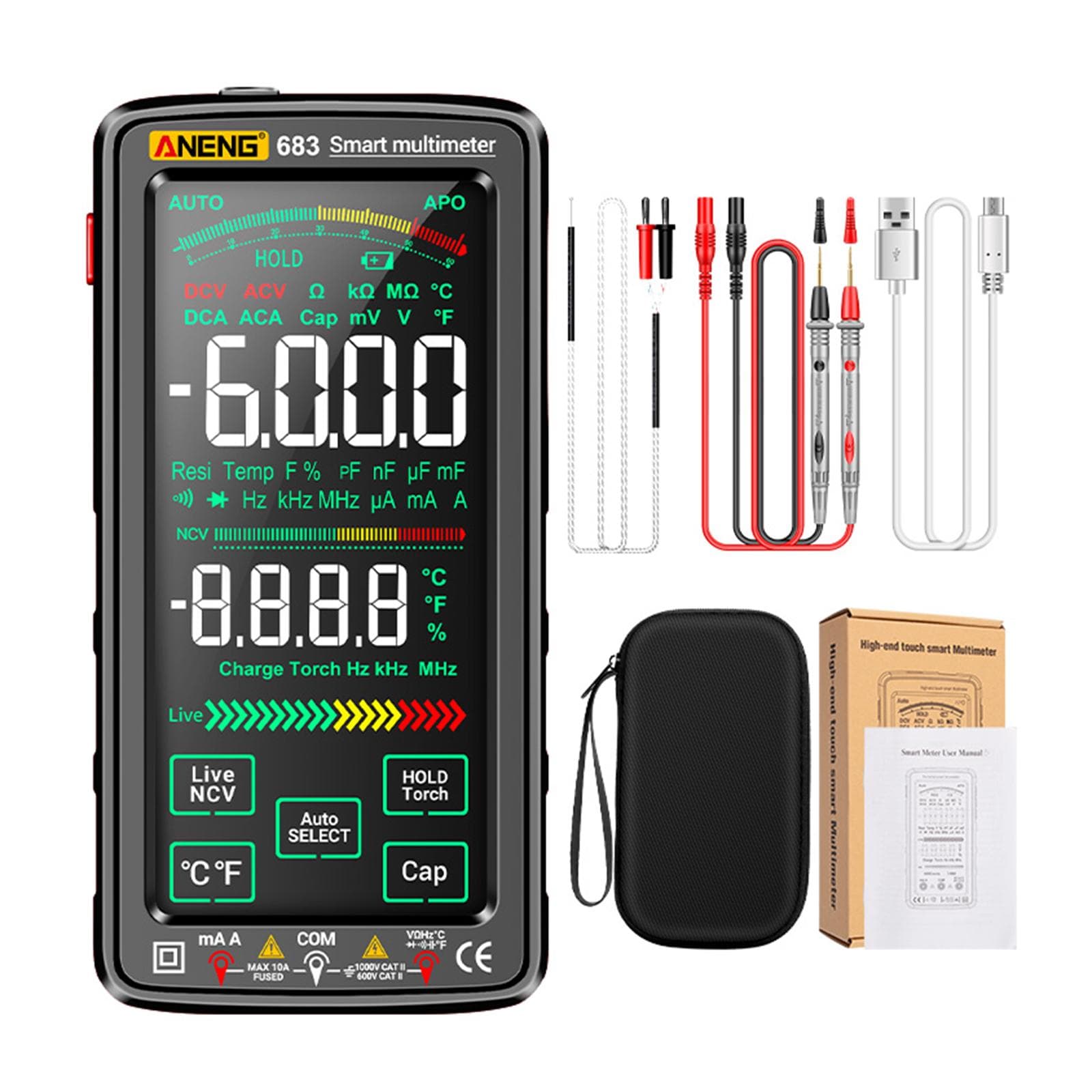 ANENG 683 6000 Counts Large Touch Screen Digital Multimeter Smart Anti-burn Rechargeable Universal black