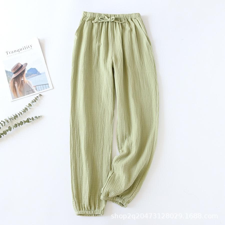 Spring Summer 100% Cotton Muslin Gauze Pants Women'S Casual Japanese Korean Homewear Pajama Cuffed Pantalones Female Clothing XL light green