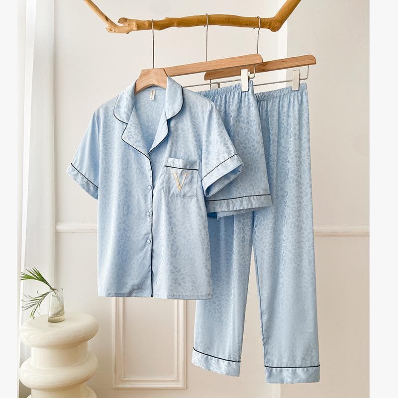 Blue Leopard Print Sleepwear Three Piece Set Women's Sexy Lapel Nightwear Home Wear Casual Loose Sleepwear Satin Loungewear XL blue