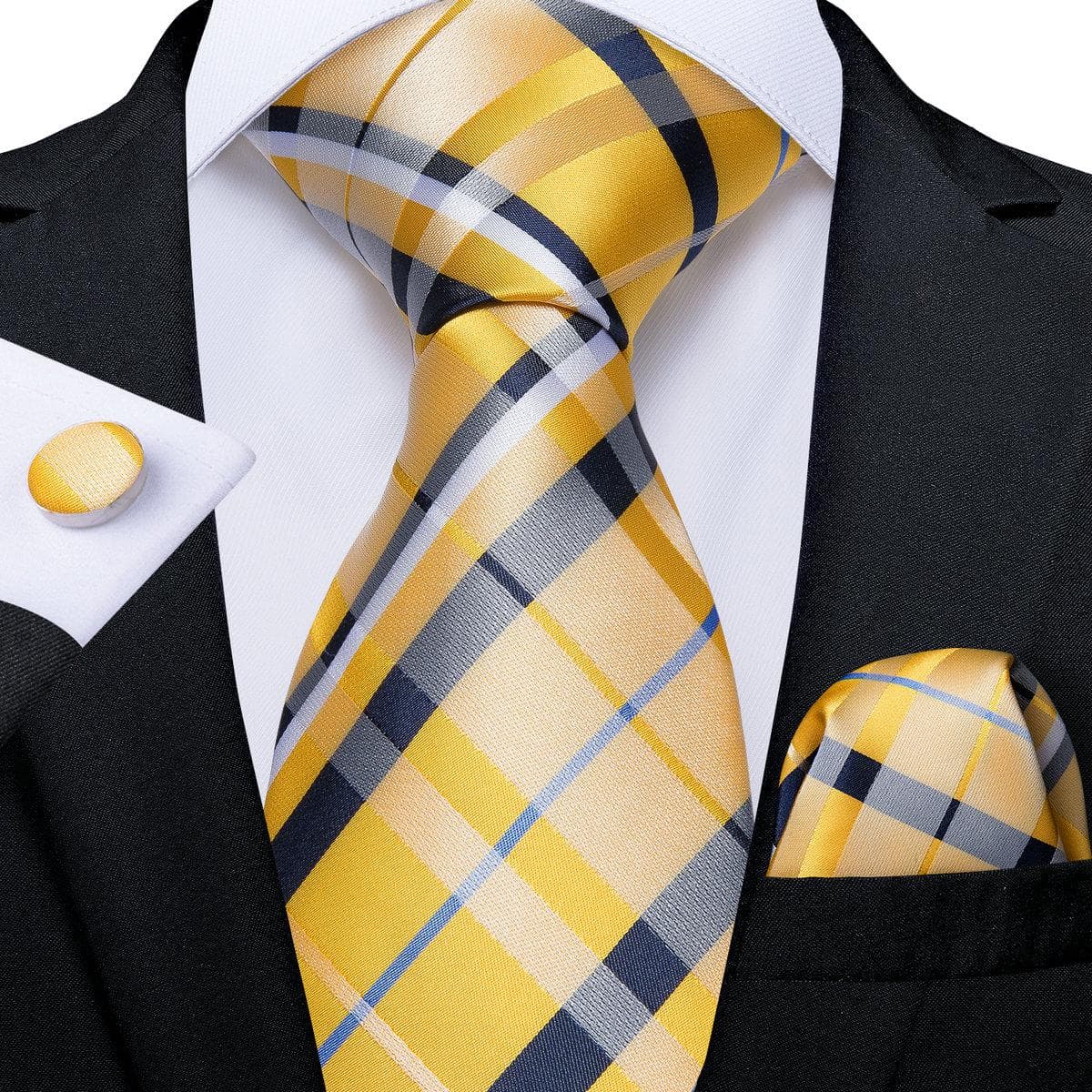 Luxury Gold Yellow Men's Necktie Set Striped Paisley Ties Silk Hanky Cufflinks for Business Set N-7064