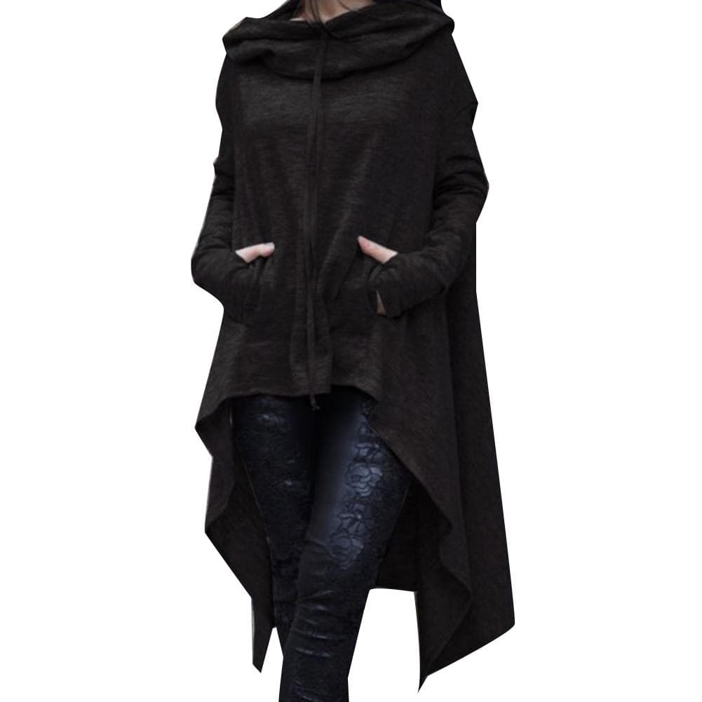 Women Hem Sweatshirt Poncho Hooded Asymmetric Coat Solid Loose L black