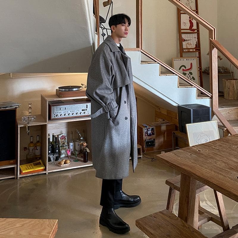 Korean Style Woolen Coat Men's Mid-length Trendy and Handsome Cape Coat Autumn and Winter Thickened Woolen Windbreaker 2XL