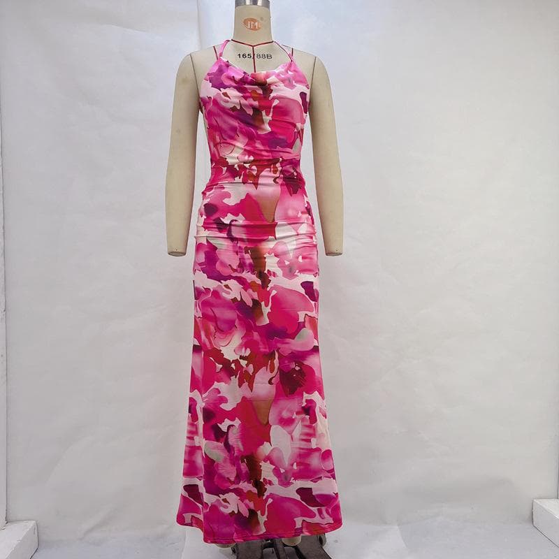 New Printed Sexy Backless Waist-pack Hip Suspender Dress Dress Beach Dress XL