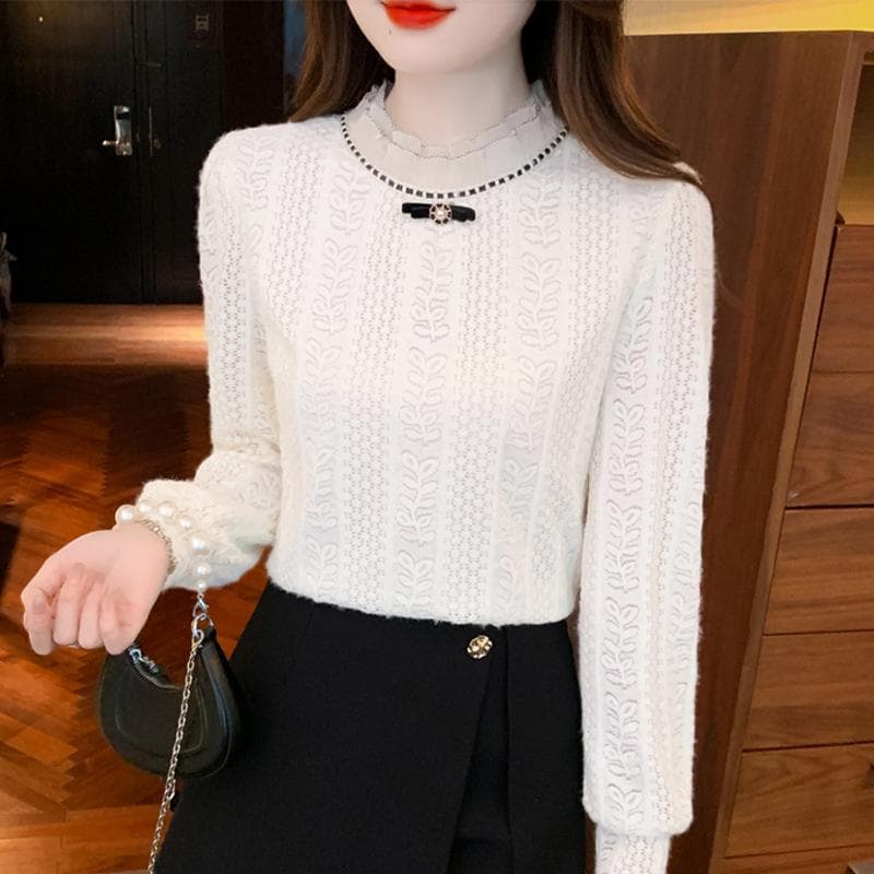 Small Stand-up Collar, Fleece and Thickened Bottoming Shirt, Warm Inside, New Long-sleeved Temperament Top for Autumn and Winter 2XL