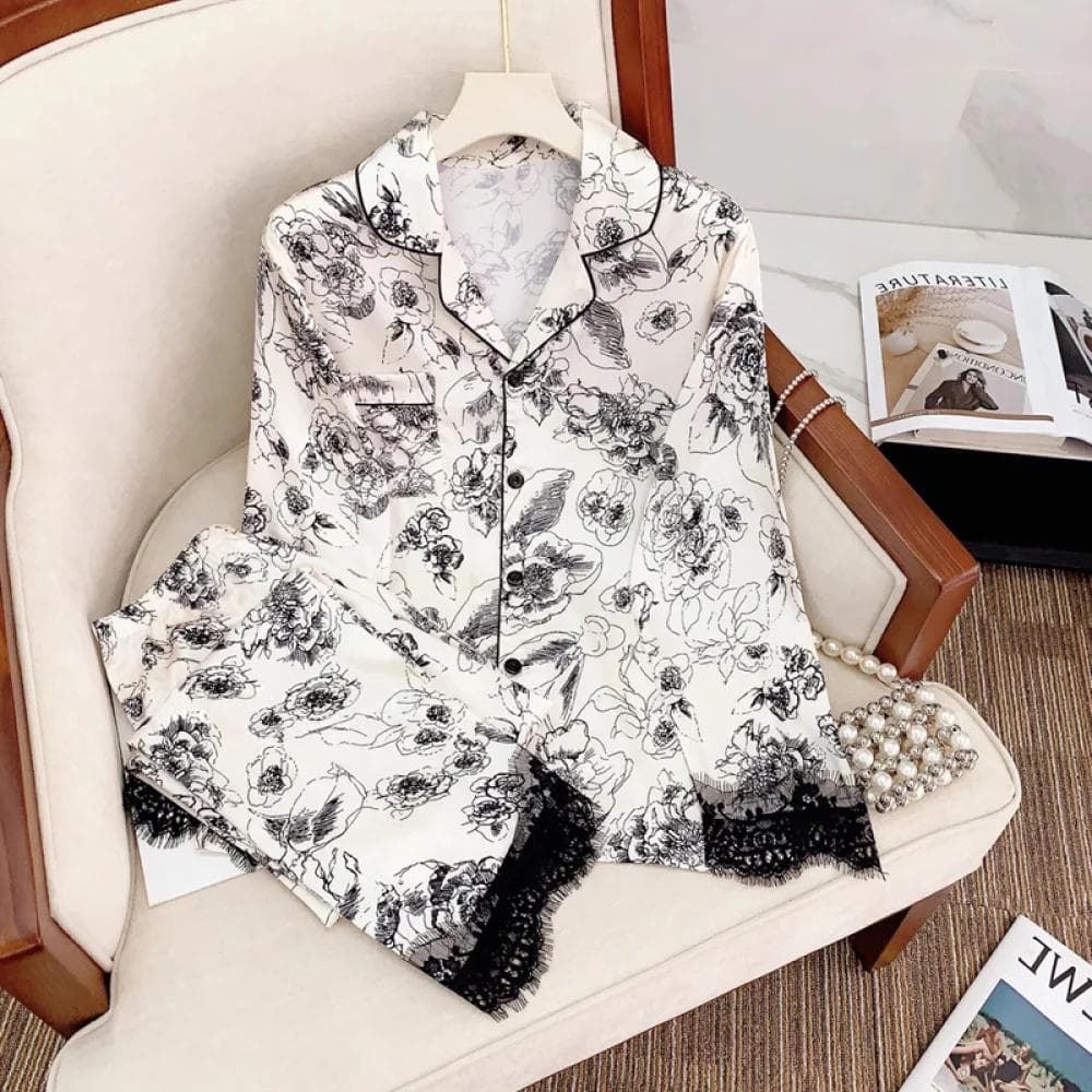 Spring/summer Simulated Women Pajamas Classic Elegant Flowers Print Housewear Long Sleeve Pant Two Piece Set Sleepwear XXL