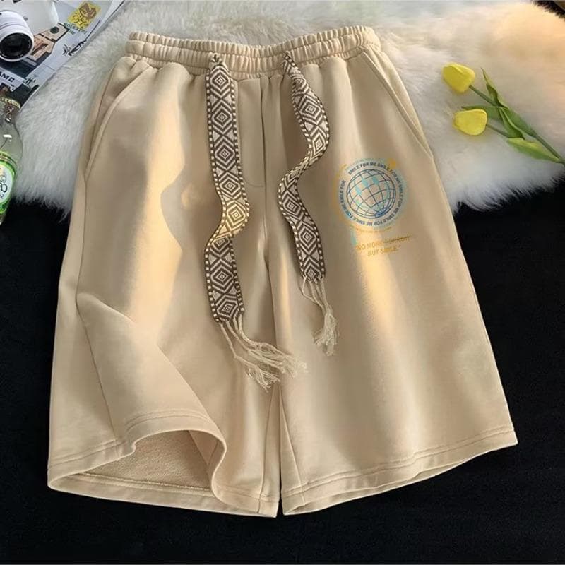 Five-point Shorts Boys' Summer New Trendy Brand Loose Straight Letter Smiley Face Printed High Street Casual Sports Pants 5XL apricot