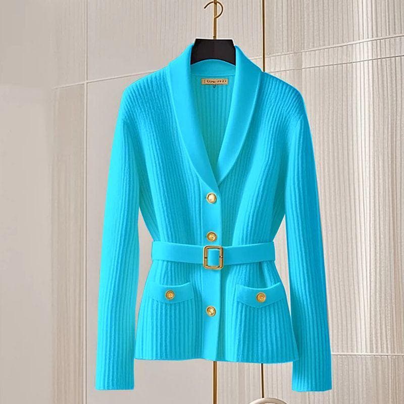 Fashion Women  V-Neck Cardigan Sweaters Jacket Women's Autumn New Elegant Casual Coat Female Long Slim Knitted Ladies M lake blue