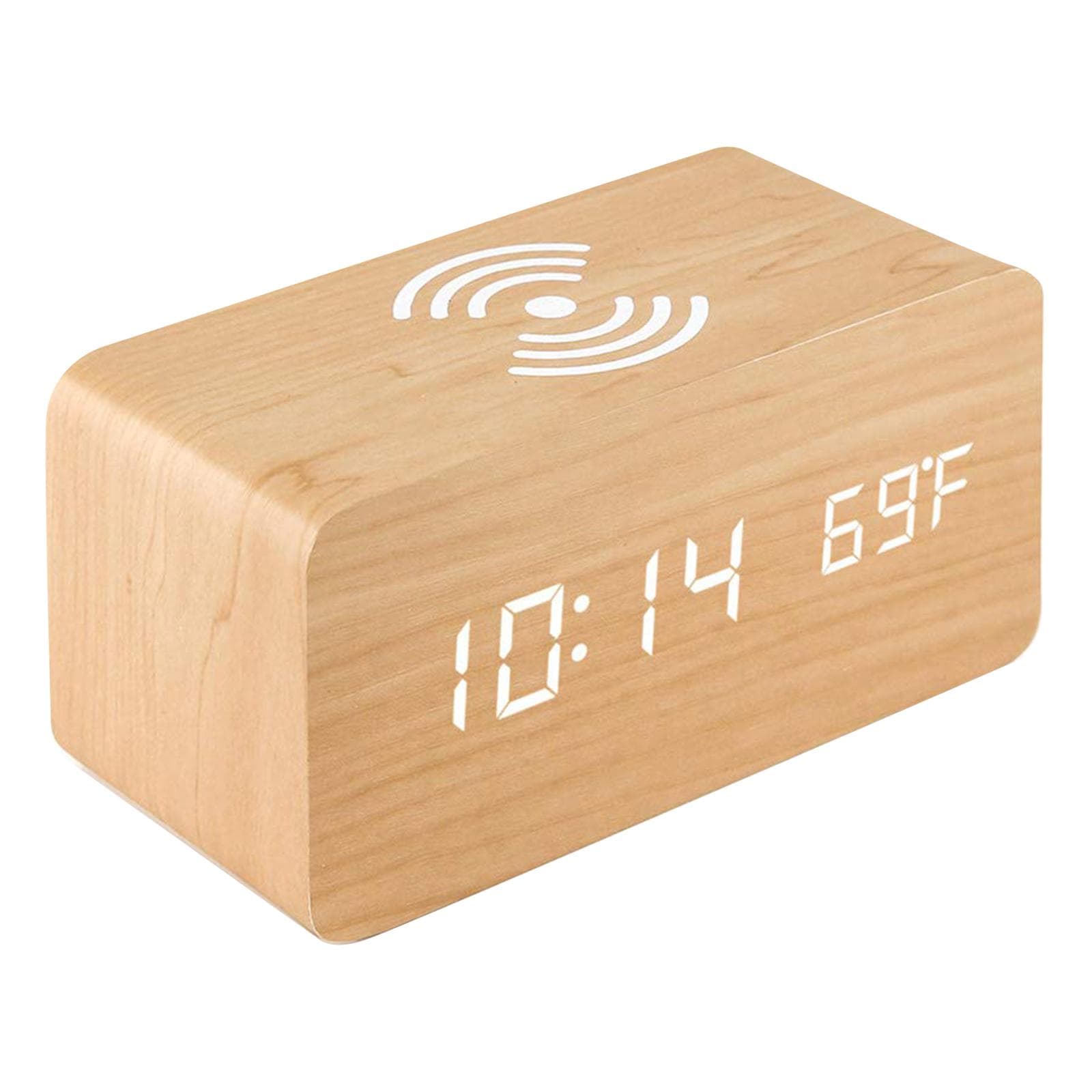 Digital Alarm Clock with Wireless Charger LED Desk Alarm Clock Temperature Display tan