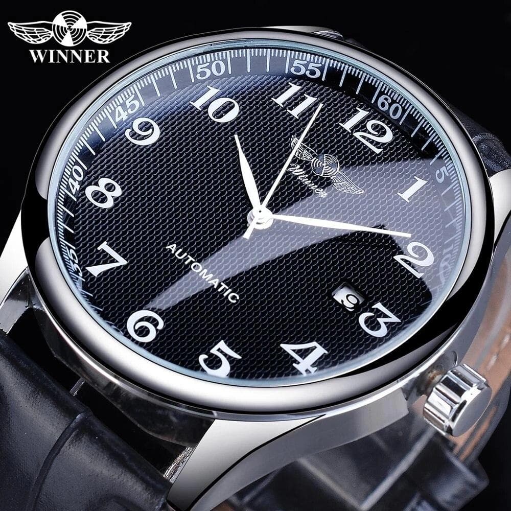 Winner Black Date Automatic Watch Leather Band Business Sports Watches Top Brand Luxury Men's Fashion Casual Mechanical Clock None black