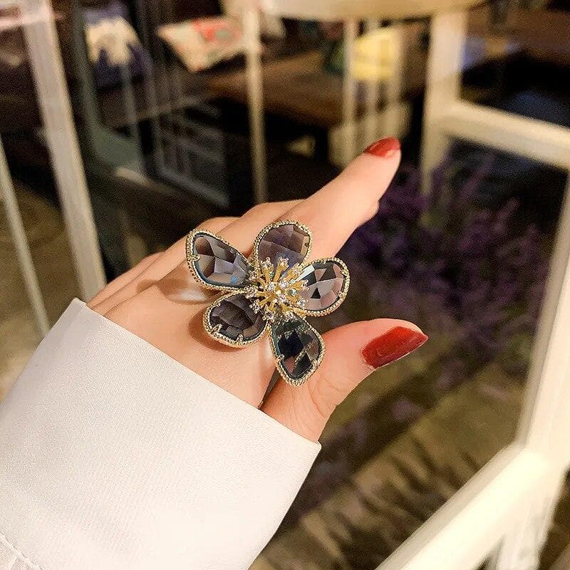 Trendy Gold Color Blue Gray White Red Big Flower Crystal Open Rings Engagement Wedding Party Jewelry for Women Gift grey