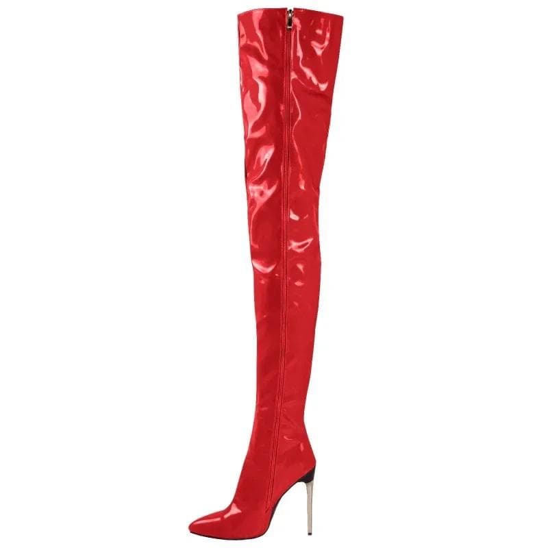 Fashion Women Patent Leather Boots Sexy Thigh High Boots Metal Stiletto Heels Fitted Party Boots Knee High Boot Big Size 45 46 47 48 36 red