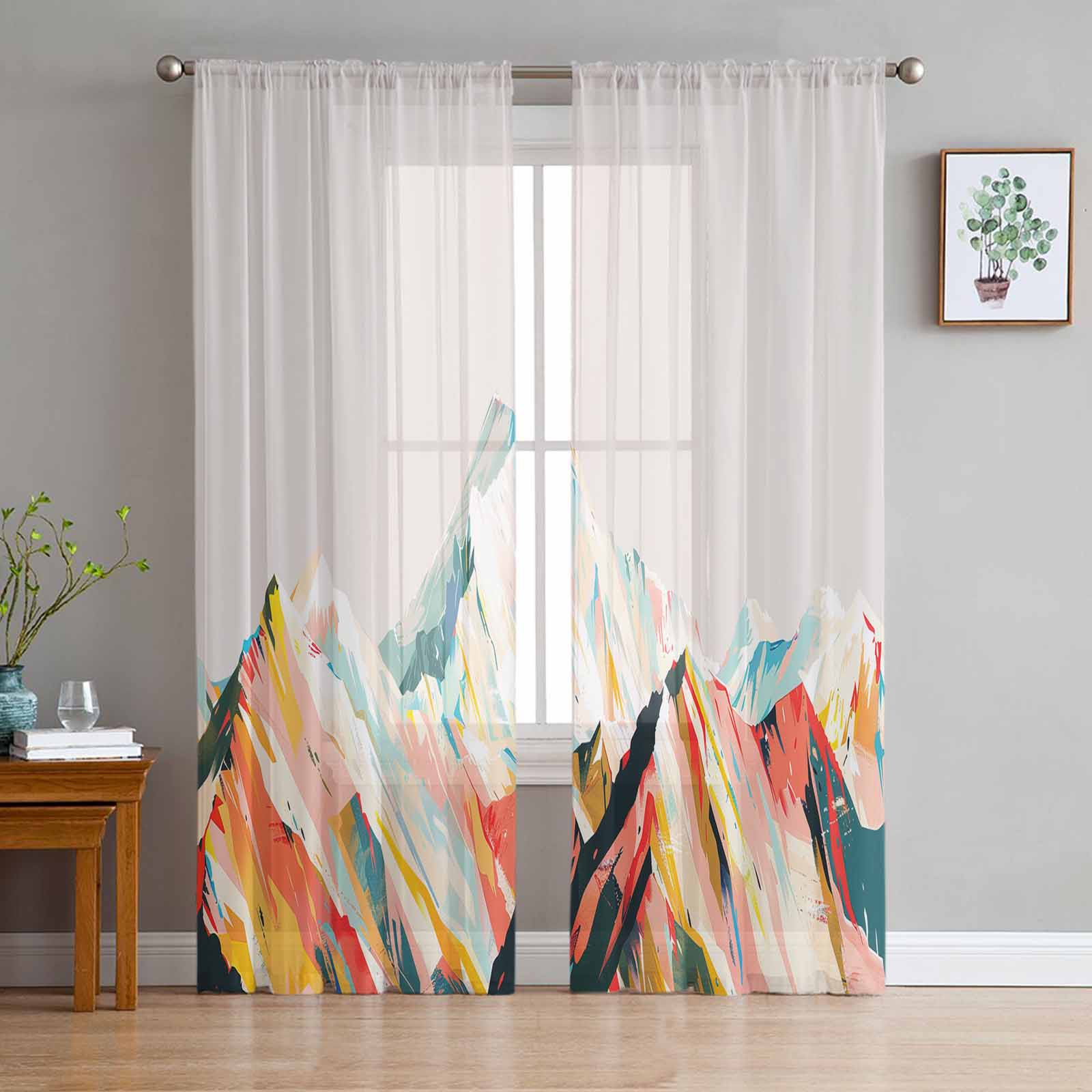 Abstract Oil Painting Mountain Illustration Window Tulle Curtains for Living Room Bedroom Hotel Luxury Decoration Sheer Curtains 135W x 114H(cm)