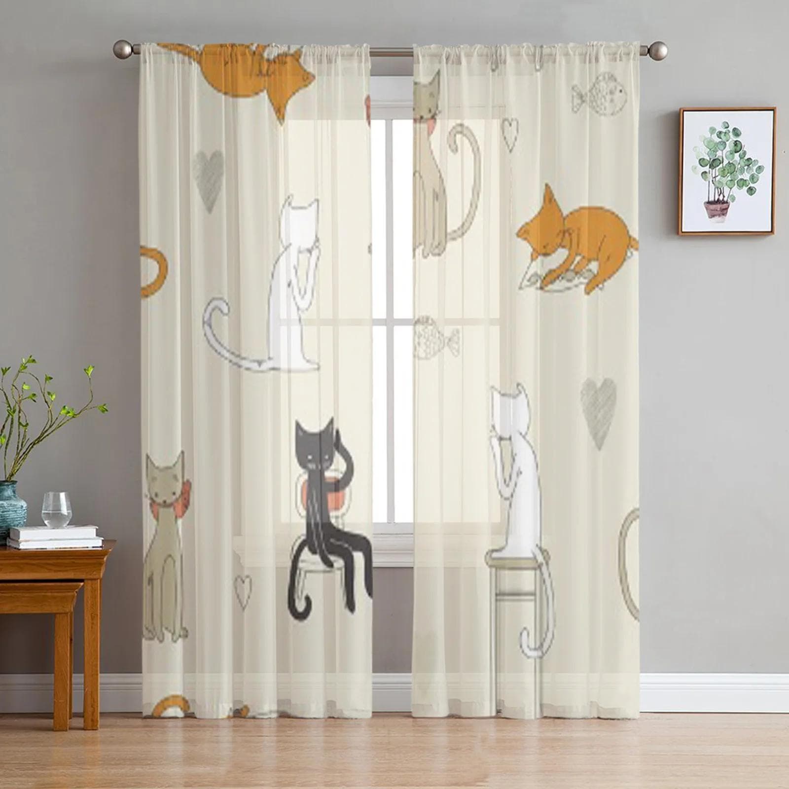Cat Pattern Cartoon Tulle Sheer Curtains for Living Room Decoration Curtain for the Room Bedroom Kitchen Voile Organza Curtains 135W x 244H(cm)