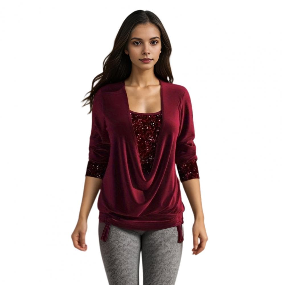 Comfortable Loose Fit Shirt Elegant Velvet Swing Collar Blouse with Sequins Detailing Stylish Drawstring Hem Shirring for Women L red