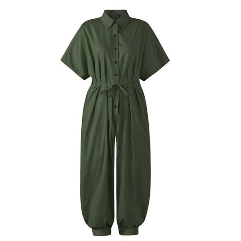 Sexy V-Neck Button Lace-Up Jumpsuit Summer Short Sleeve Loose Playsuit Overalls Women Elegant Leopard Print Pocket Rompers 5XL green