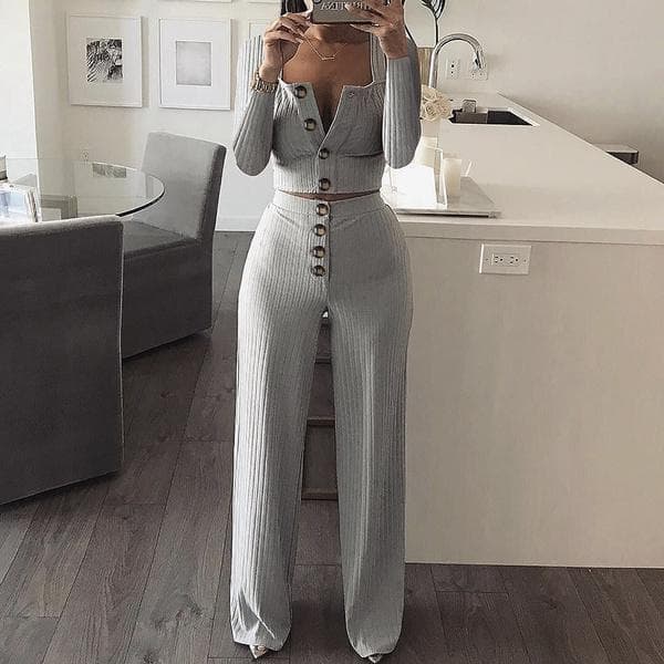 New 2pcs Women Fashion Long Sleeve Slim Knitting Tops + Straight Pants Women Clothing Set S grey