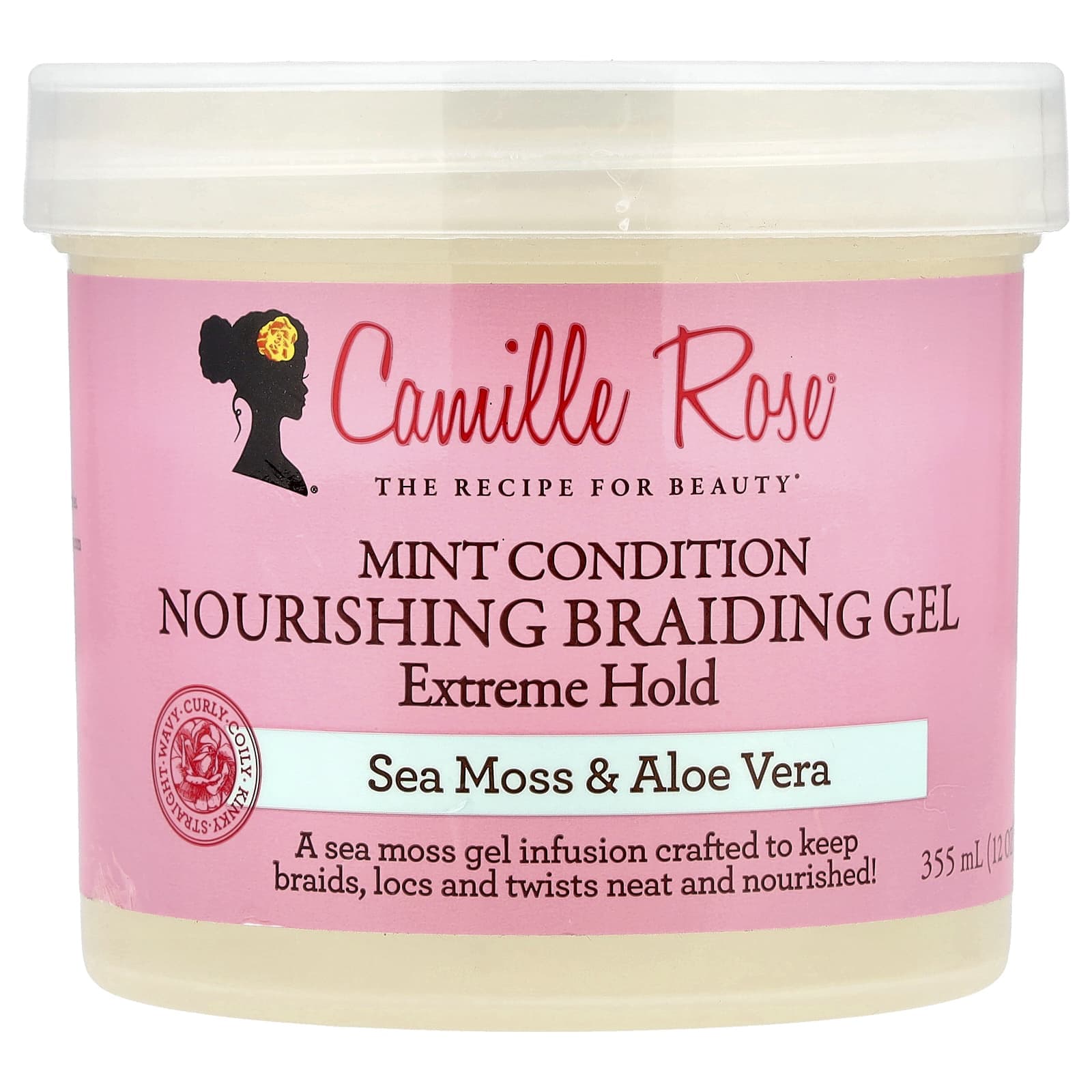 Camille Rose, Mint Conditioning Nourishing Braiding Gel, Extreme Hold, Sea Moss & Aloe Vera, 355ml (12oz)