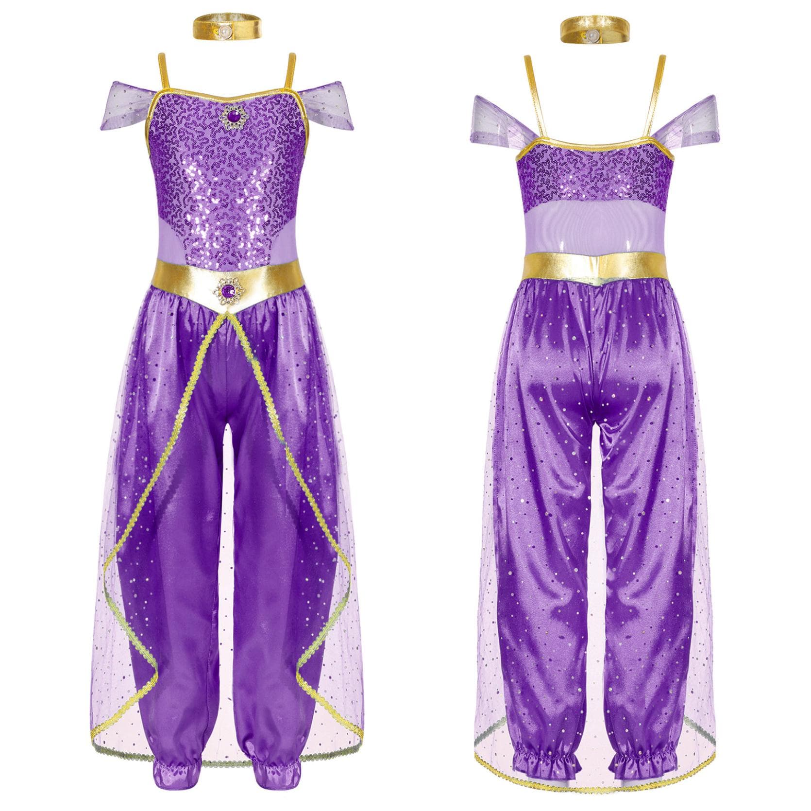 Girls Arabian Princess Costume Sleeveless Shiny Sequins Long Jumpsuit Bodysuit with Choker for Cosplay Belly Dance Dress Up 13-14 Years purple