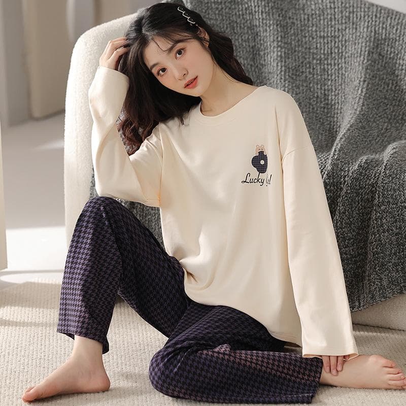Spring and Autumn Long-sleeved Pure Cotton Pajamas for Women, Simple Women's Pajamas Set, Pajamas, Pajamas, Women's Home Furnishings 2XL