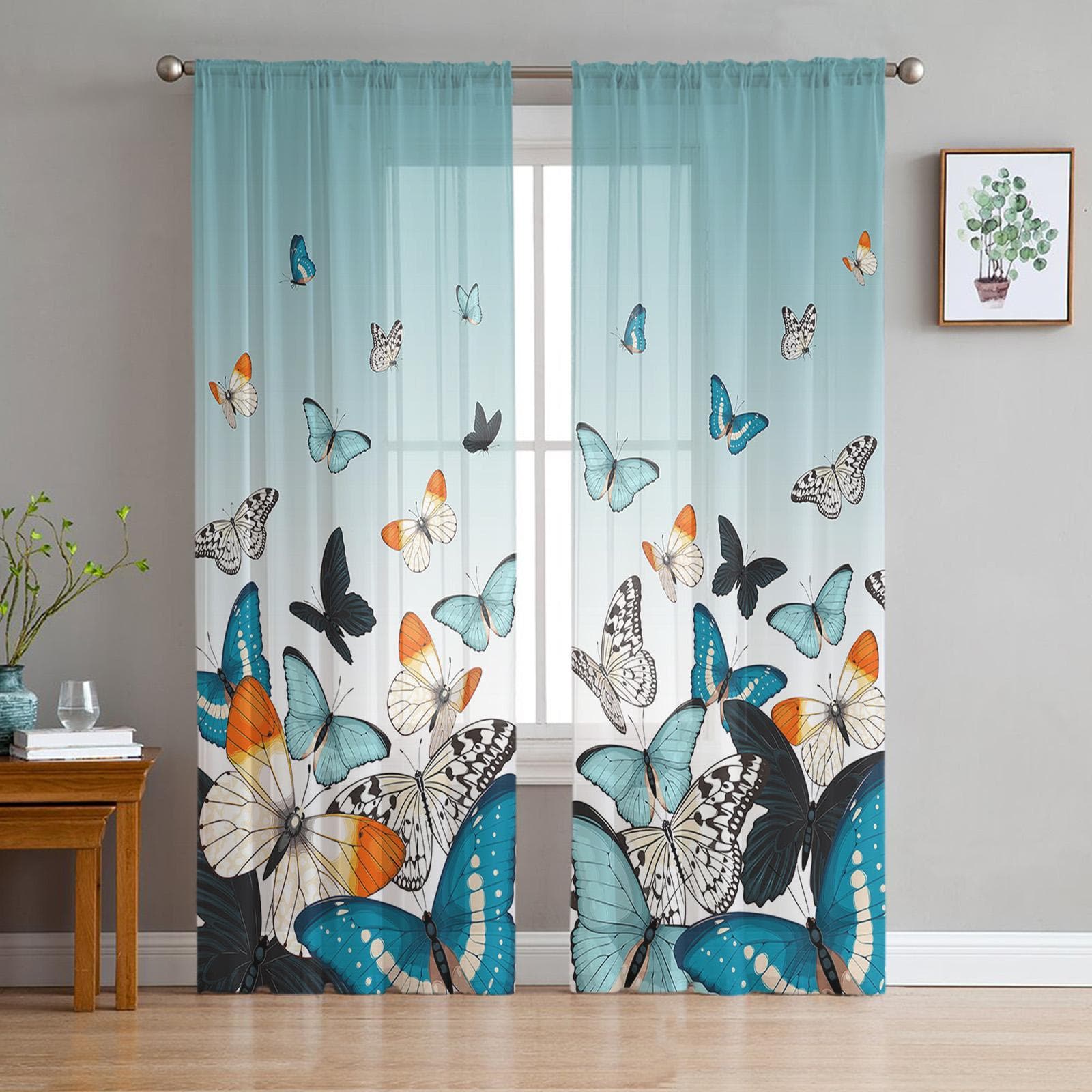 Pastoral Butterfly Water Duck Green Gradient Sheer Curtains Bedroom Living Room Voile Window Curtains Tulle Curtains Kids Room 135W x 114H(cm)