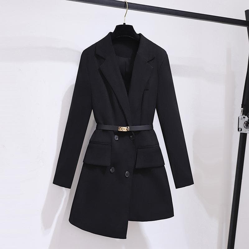 New Winter Blazer Waist-closing To Make You Look Slim and Mid-length Long-sleeved Suit for Women 3XL black