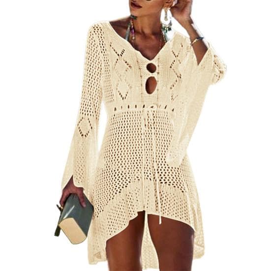 Sexy Beach Cover Up Long Sleeve Sun Protection Dress Flared Sleeves Solid Color Beach Dress for Swimming Pool