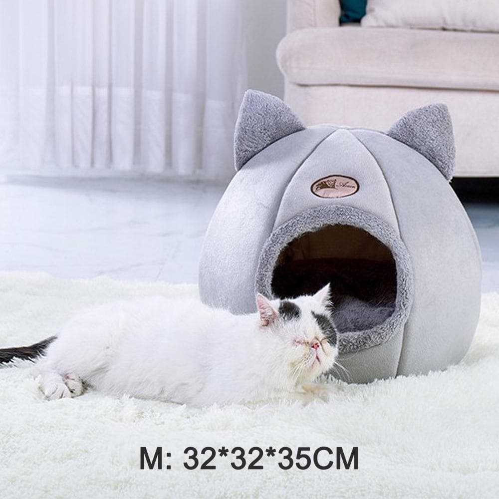 Pet Tent Cave Bed for Cats/Small Dogs Velvet Self-Warming 2-in-1 Cat Tent/Kitten Bed/Cat Hut with M grey