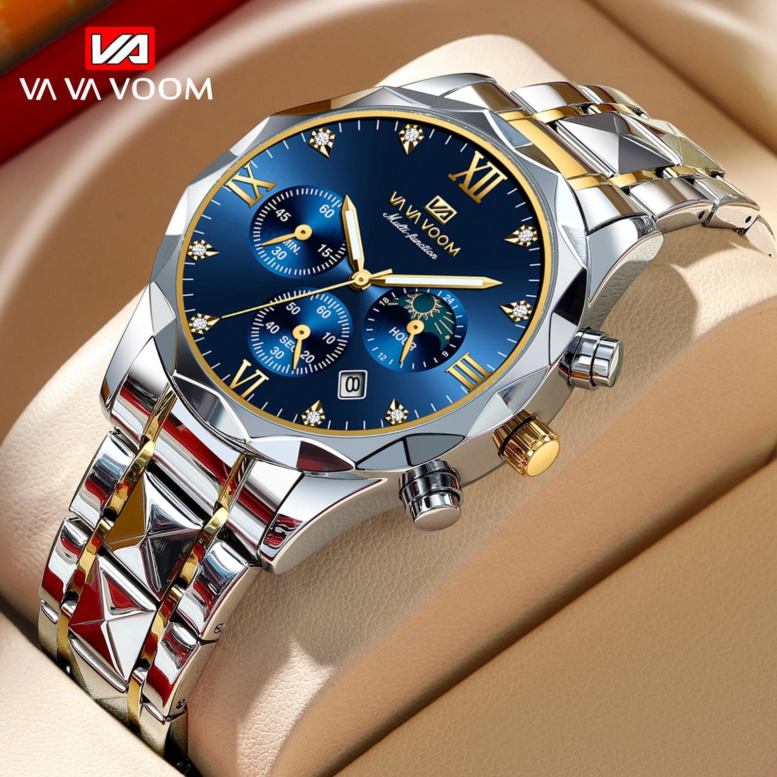 VA VA VOOM Quartz Watch Men Top Brand High Quality Stainless Steel 30M Waterproof Luminous Date Week Sports Business Wristwatches blue/silver